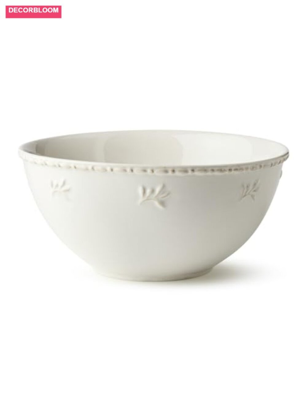 Large Stoneware Mixing Bowl 10.75" Embossed Leaf Beaded Rim Farmhouse Kitchen